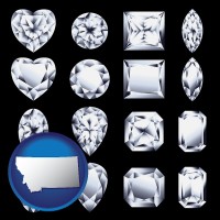 montana map icon and sixteen diamonds, showing various diamond cuts