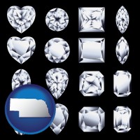 nebraska map icon and sixteen diamonds, showing various diamond cuts
