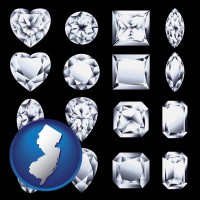 new-jersey map icon and sixteen diamonds, showing various diamond cuts