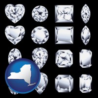 new-york map icon and sixteen diamonds, showing various diamond cuts