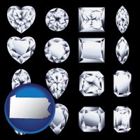 pennsylvania map icon and sixteen diamonds, showing various diamond cuts
