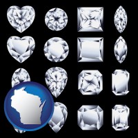 wisconsin map icon and sixteen diamonds, showing various diamond cuts