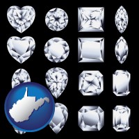 west-virginia map icon and sixteen diamonds, showing various diamond cuts