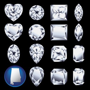 sixteen diamonds, showing various diamond cuts - with Alabama icon