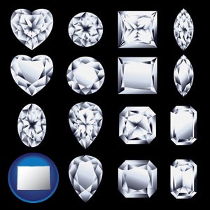 sixteen diamonds, showing various diamond cuts - with Colorado icon