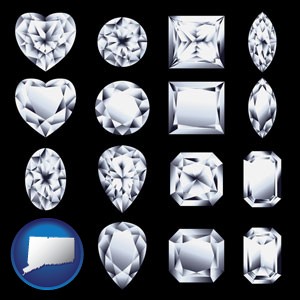 sixteen diamonds, showing various diamond cuts - with Connecticut icon