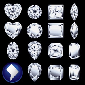 sixteen diamonds, showing various diamond cuts - with Washington, DC icon