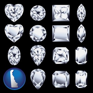 sixteen diamonds, showing various diamond cuts - with Delaware icon