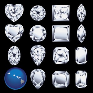 sixteen diamonds, showing various diamond cuts - with Hawaii icon