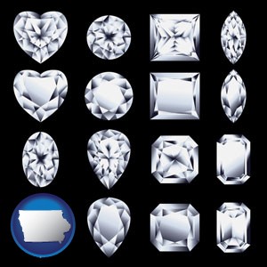 sixteen diamonds, showing various diamond cuts - with Iowa icon