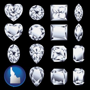 sixteen diamonds, showing various diamond cuts - with Idaho icon