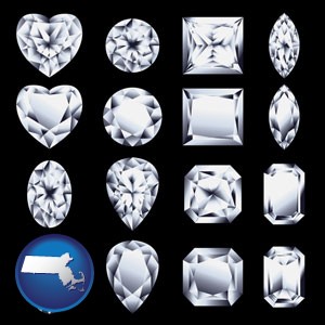 sixteen diamonds, showing various diamond cuts - with Massachusetts icon