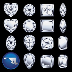 sixteen diamonds, showing various diamond cuts - with Maryland icon