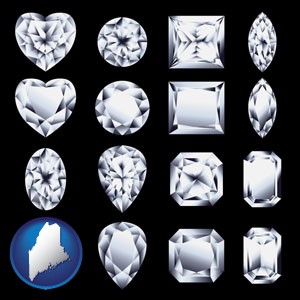 sixteen diamonds, showing various diamond cuts - with Maine icon