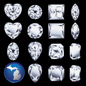 sixteen diamonds, showing various diamond cuts - with Michigan icon