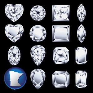 sixteen diamonds, showing various diamond cuts - with Minnesota icon