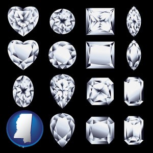 sixteen diamonds, showing various diamond cuts - with Mississippi icon