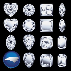 sixteen diamonds, showing various diamond cuts - with North Carolina icon