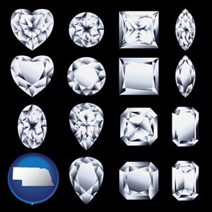 sixteen diamonds, showing various diamond cuts - with Nebraska icon