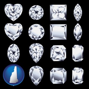 sixteen diamonds, showing various diamond cuts - with New Hampshire icon