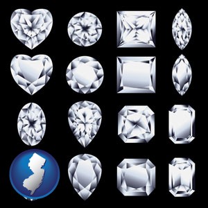 sixteen diamonds, showing various diamond cuts - with New Jersey icon