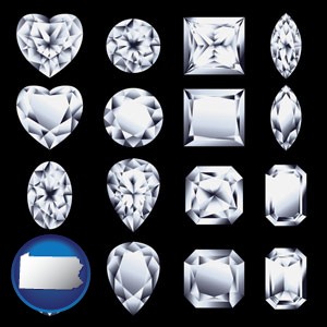 sixteen diamonds, showing various diamond cuts - with Pennsylvania icon
