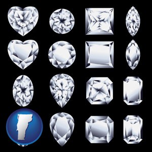 sixteen diamonds, showing various diamond cuts - with Vermont icon