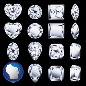 sixteen diamonds, showing various diamond cuts - with Wisconsin icon
