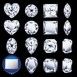 sixteen diamonds, showing various diamond cuts - with Wyoming icon