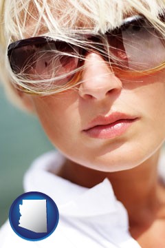 a young woman wearing sunglasses - with Arizona icon