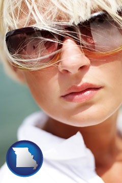 a young woman wearing sunglasses - with Missouri icon