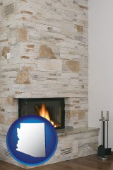 arizona map icon and a limestone fireplace