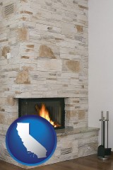 california map icon and a limestone fireplace