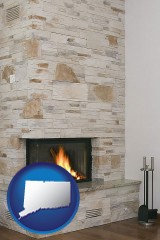 connecticut map icon and a limestone fireplace