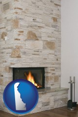 delaware map icon and a limestone fireplace