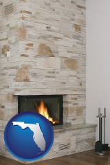 florida map icon and a limestone fireplace