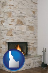 idaho map icon and a limestone fireplace