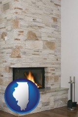 illinois map icon and a limestone fireplace