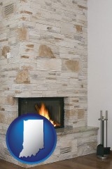 indiana map icon and a limestone fireplace