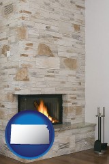 kansas map icon and a limestone fireplace