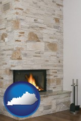 kentucky map icon and a limestone fireplace