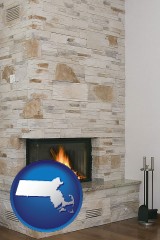 massachusetts map icon and a limestone fireplace