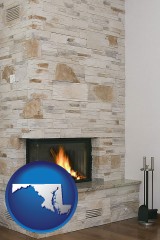 maryland map icon and a limestone fireplace