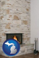michigan map icon and a limestone fireplace