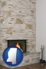 mississippi map icon and a limestone fireplace