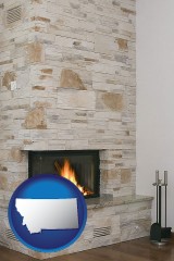 montana map icon and a limestone fireplace