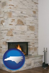 north-carolina map icon and a limestone fireplace