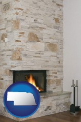nebraska map icon and a limestone fireplace