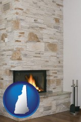 new-hampshire map icon and a limestone fireplace