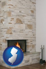 new-jersey map icon and a limestone fireplace